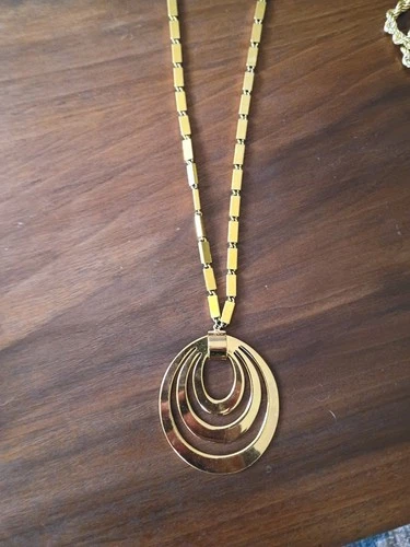 Monet Gold Plated Art Deco Style Necklace Pendant Chain Signed Vintage Jewelry
