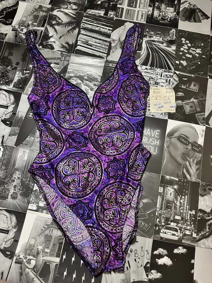 Vintage 80s/90s Gideon Oberson Purple Paisley One Piece Swimsuit Sz 8 NWT — 第 3/4 张图片