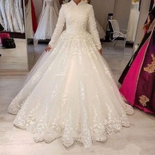 White Muslim Wedding Dresses High Neck Long Sleeves Lace Ball Gown with Train