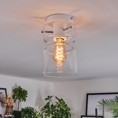 Retro Deckenleuchte E27, Weiß/Klare Deckenlampe aus Metall/Glas, Wohnzimmer
