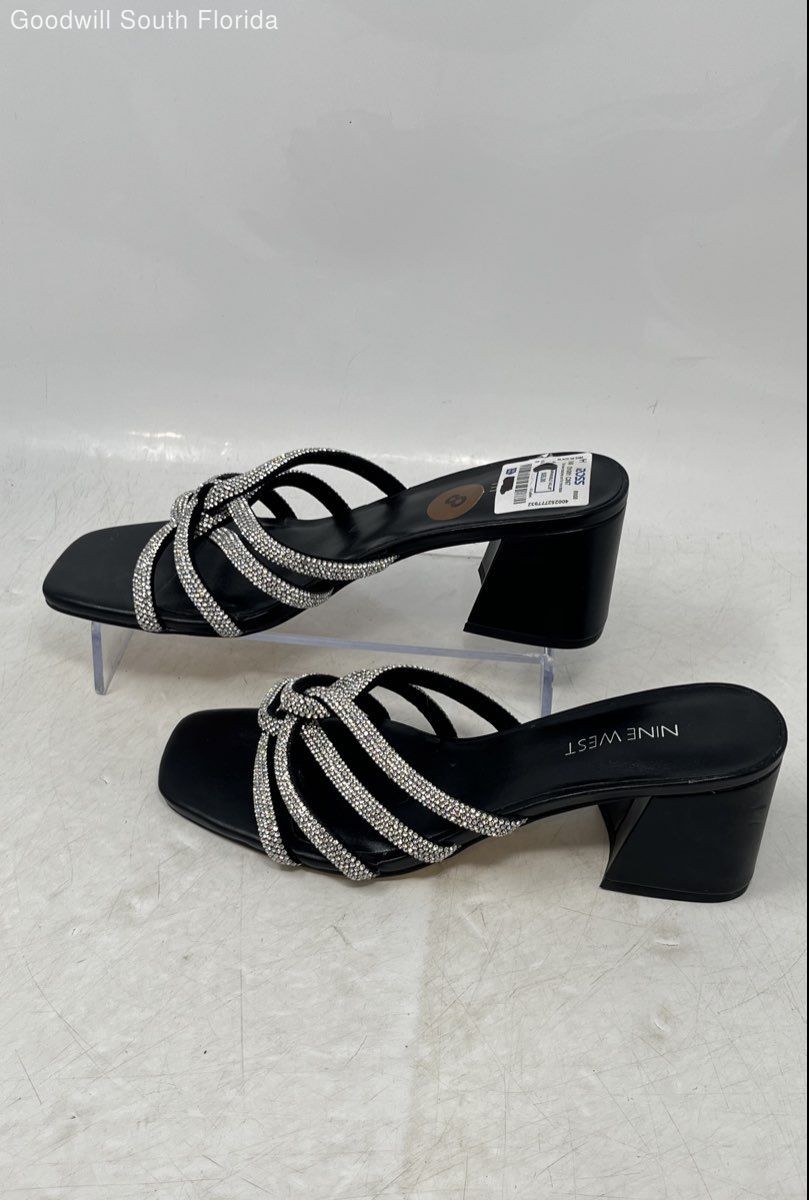 Nine West Womens Glitz Black Silver Color Block Heel Slide Sandals Size 8M