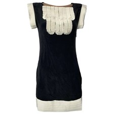 NWOT Ted Baker “Amien” 100% Silk Pleated Bib Shift Dress in Black & Ivory - Sz 0