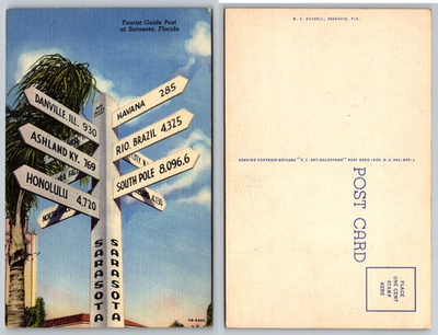 #ad Vintage Sarasota FL Tourist Guide Post Sign Postcard Curteich Art Colortone $1.99