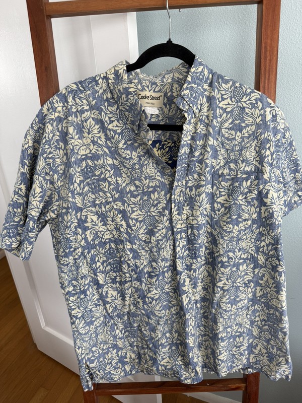 Vintage COOKE STREET Honolulu Mens Aloha Hawaiian Blue Floral Shirt L Made USA