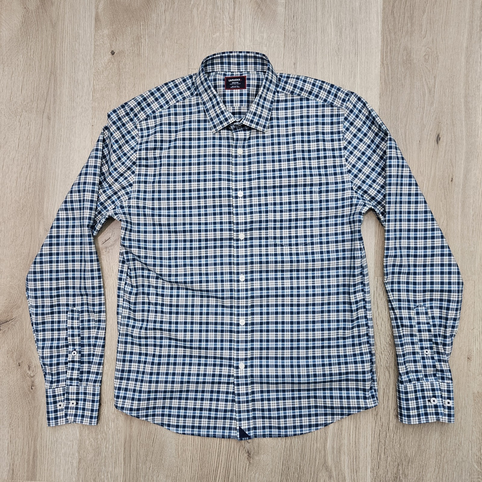 Untuckit Plaid Shirt Mens Med Blue Wrinkle Free Slim Fit Button Up Long Sleeve