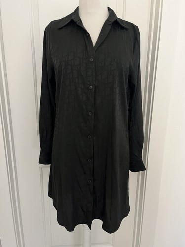 Black Classic shirt dress size large satiny silky long sleeves cocktail business - Picture 2 of 8