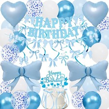 Blue Bow Birthday Decorations, Happy Birthday Banner Garland and Hanging Swirls,