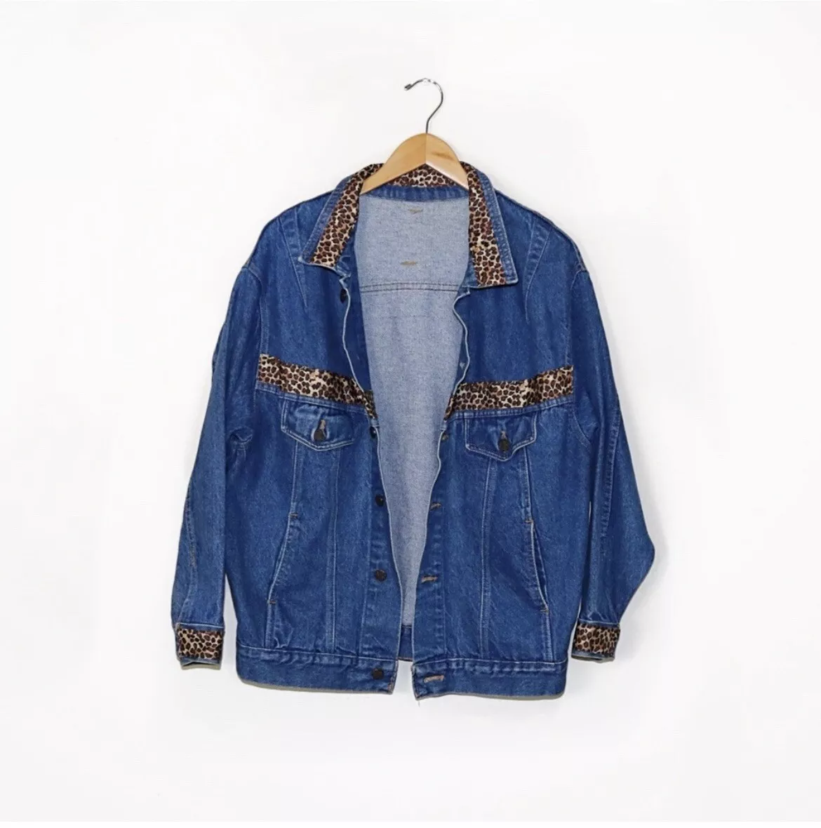 Vintage Handmade Oversized Leopard Cheetah Print Collared Denim