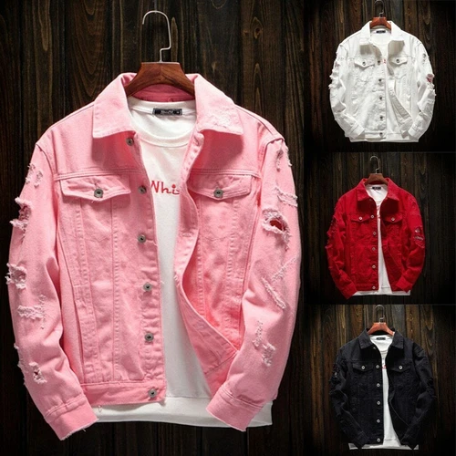 Mens Denim Jacket Button Hip Hop Bomber Jacket Hole Casual Cotton Jean Jacket - Picture 3 of 26