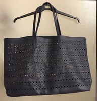 Saks Fifth Avenue Navy Blue Laser Cut Tote Bag Beach Large Shoulder Handbag Saks Fifth Avenue Navy Blue Laser Cut Tote Bag Beach Large Shoulder Handbag