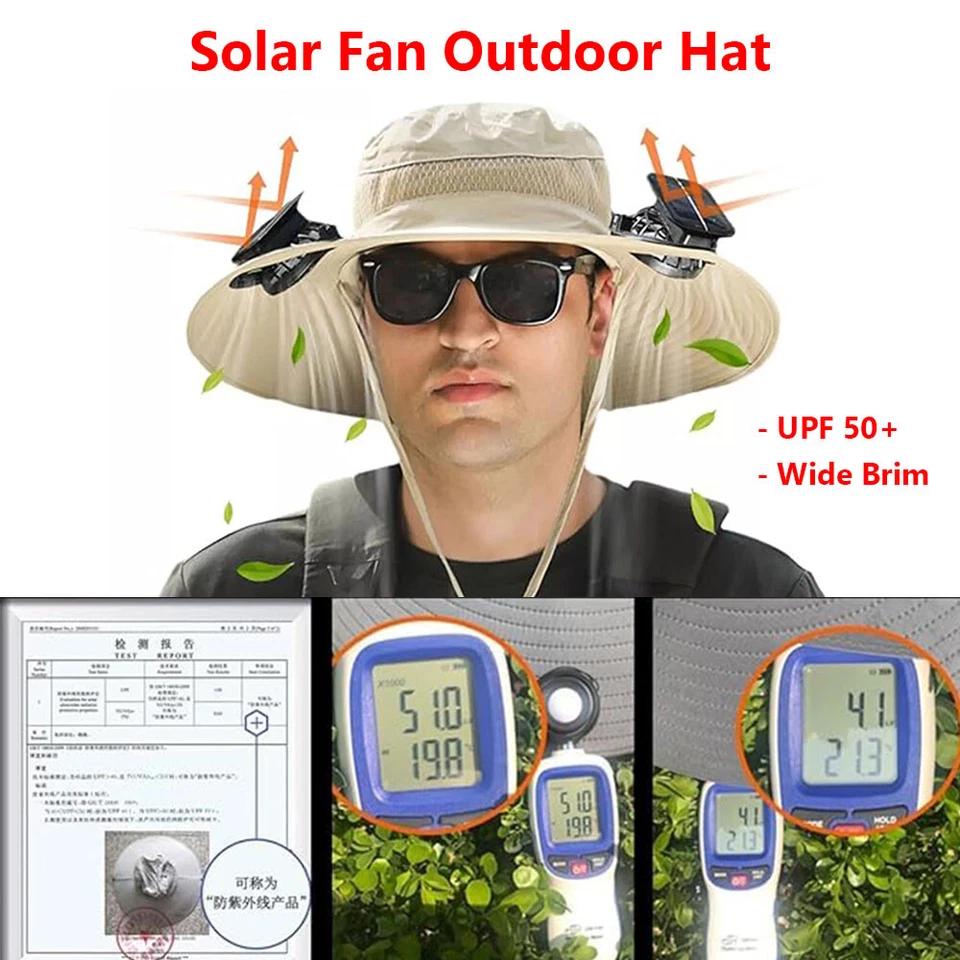 Sombrero para el sol de ala ancha al aire libre con cubo ventilador solar hombres mujeres pesca playa incorporado Foto 2 de 4