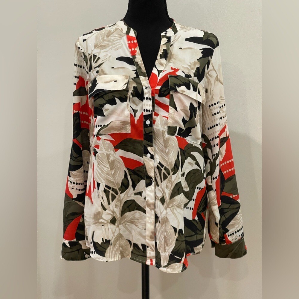 Calvin Klein S V Neck Button Down Patterned Blouse - image 1