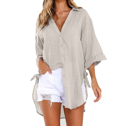T-shirt donna cotone lino scollo a V scollato maniche lunghe blusa bottoni tinta unita morbida - Foto 5 di 26