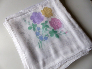 VINTAGE TABLECLOTH 50" X 46" COTTON/RAYON MIX? FLORAL DESIGN VGC