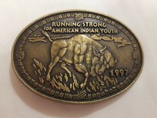 Belt Buckle Running Strong for American Indian Youth 1997 Buffalo 3.5" VINTAGE