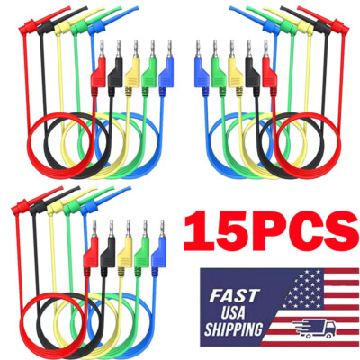 15x 4mm Stackable Banana Plug to Test Hook Clip Test Leads Mini Grabber Cables