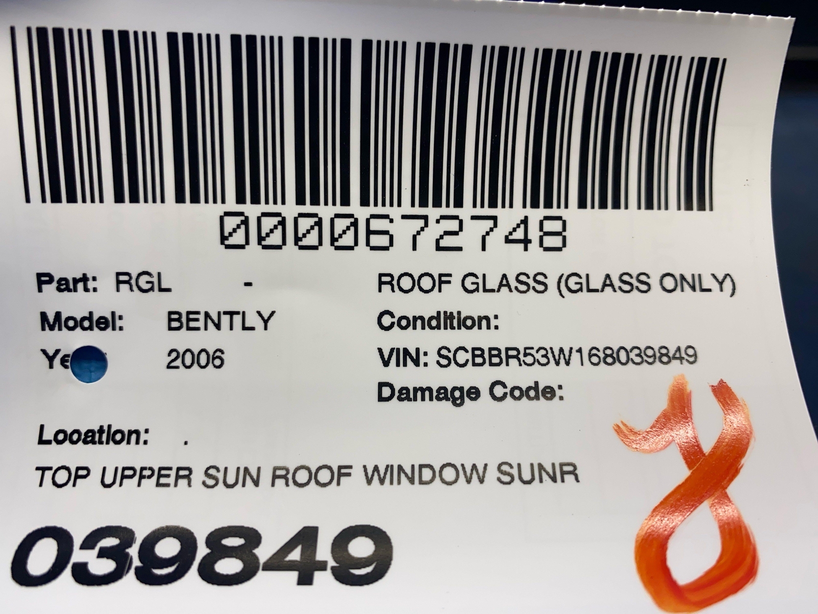 2006-2012 BENTLEY CONTINENTAL FLYING SPUR TOP UPPER SUNROOF WINDOW SUNROOF GLASS