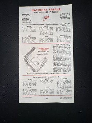 1962 PHILADELPHIA PHILLIES & PITTSBURGH PIRATES FULL SCHEDULE STADIUM DIMENSION