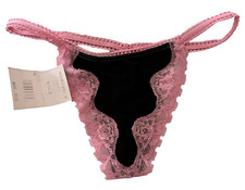 VINTAGE NWT Y2K Mervyns Black W/ Pink Trim Thong Panties 6 / Medium
