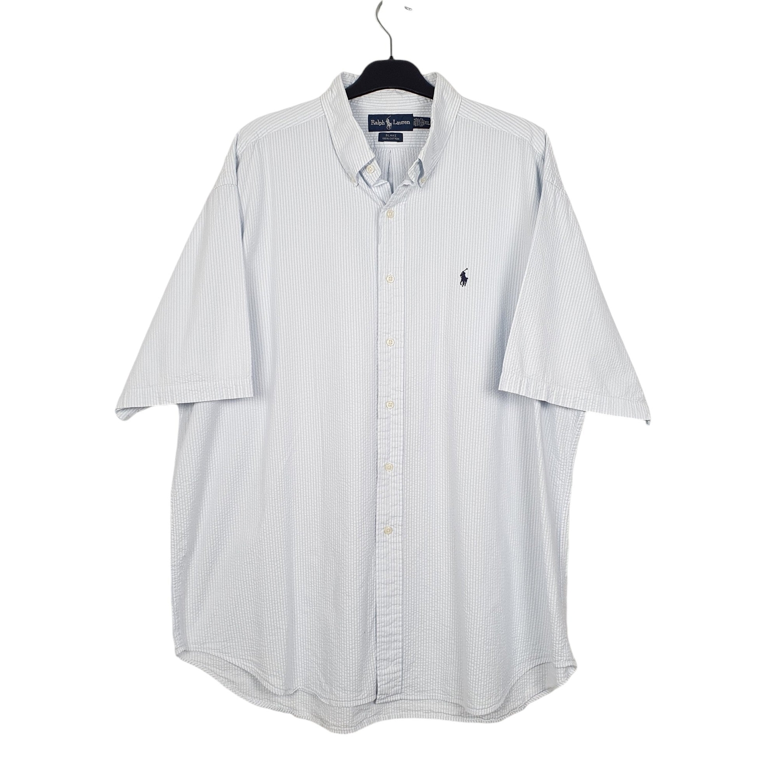 RALPH LAUREN Blue Striped Shirt Blake Fit Oxford Vintage 1990s Short Sleeve XL