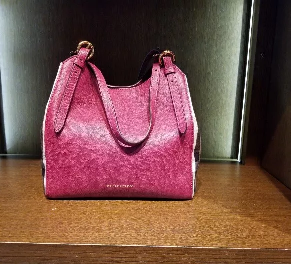 NWT Burberry House Check Derby Leather Small Canterbury Tote Handbag Berry  Pink