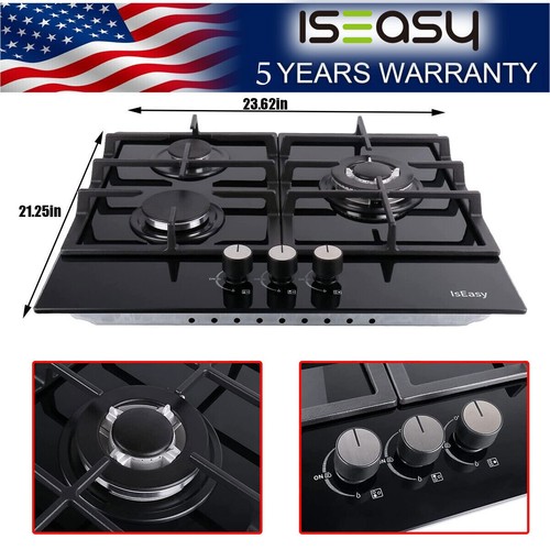 24" Gas Cooktop Cooker Stove Top 3 Burners Tempered Glass LPG/NG Gas Cooktop US