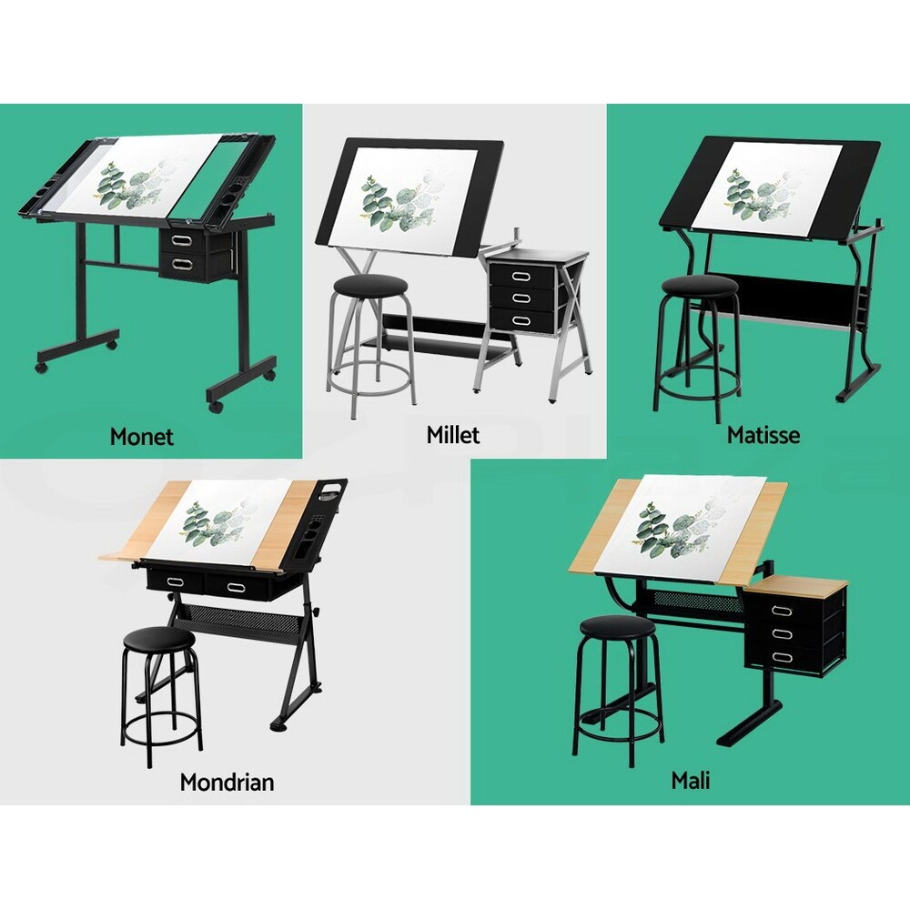 Artiss Drawing Desk Drafting Table Set With Stool Tilt Art Craft Black