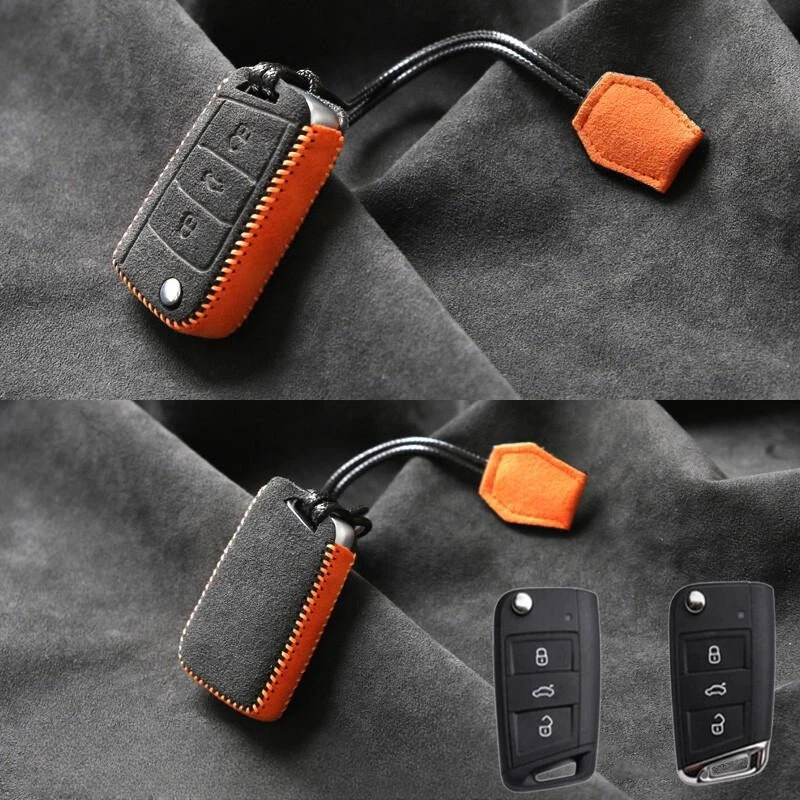 Suede Leather Car Key Case Cover For Volkswagen Golf 7 MK7 GTI Polo Tiguan Karoq Foto 3 de 4