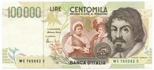 100000 LIRE BANK OF ITALY CARAVAGGIO II TYPE LETTER C 18/12/1995 SPL+