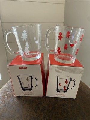 Alessi Girotondo Glass Coffee Tea Mugs Set 2 Red White Stick Figures King Kong