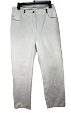 St. John Sport Marie Gray Ivory Gold Logo Hardware Straight Leg Pant SZ 10 Flaw