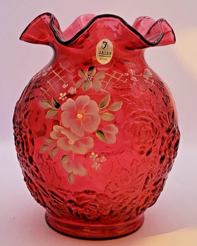 Fenton Art Glass Cranberry Rose Vase; Limited Edition ~ Signed C Griffith