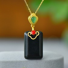Pure Natural Stone Hetian Black Jade Square Jasper Pendant Necklace With Chain