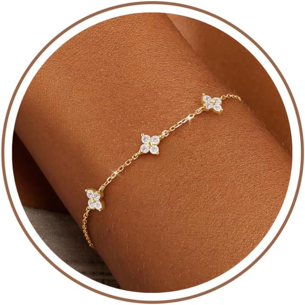 Armband Damen 14K Vergoldet Zirkonia Wasserfest | Kleeblatt Charm Kette Silber-image
