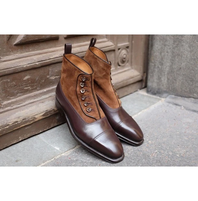 New Handmade Mens Two Tone Dark Brown Suede Button Ankle Leather For Men Boots