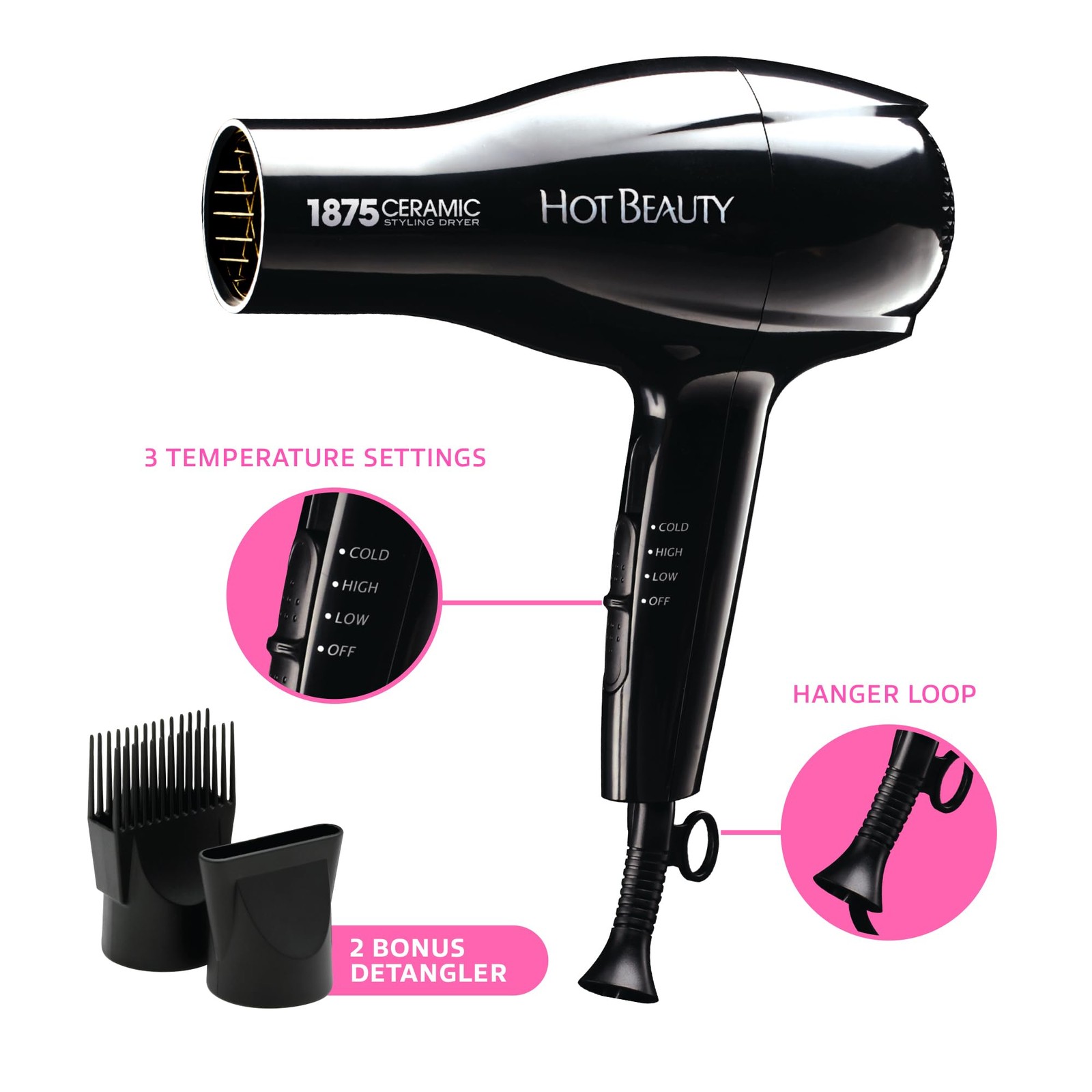 1875 Ceramic Styler Hair Styling Blow Dryer 2 Attachments Included Lightweigh...