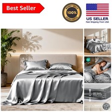 Silky Satin Queen Bedding Set - 1 Flat, 1 Fitted  2 Pillowcases, Dark Grey