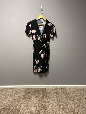 Anne Klein Women s Black Dress W/ Pink Floral Design, Midi, Wrap In Front, Size2