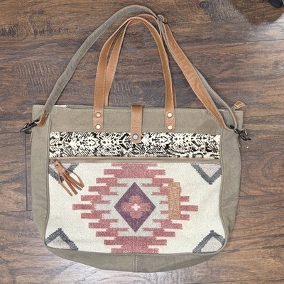 Myra Bag Amber  Messenger Tote Canvas Rug Leather Snake Print Western Boho NWOT