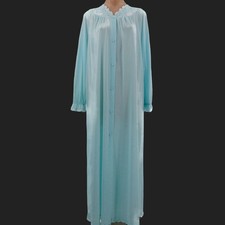 Vintage Green Nylon Long Robe M Lace Embroidered Yoke Button Front