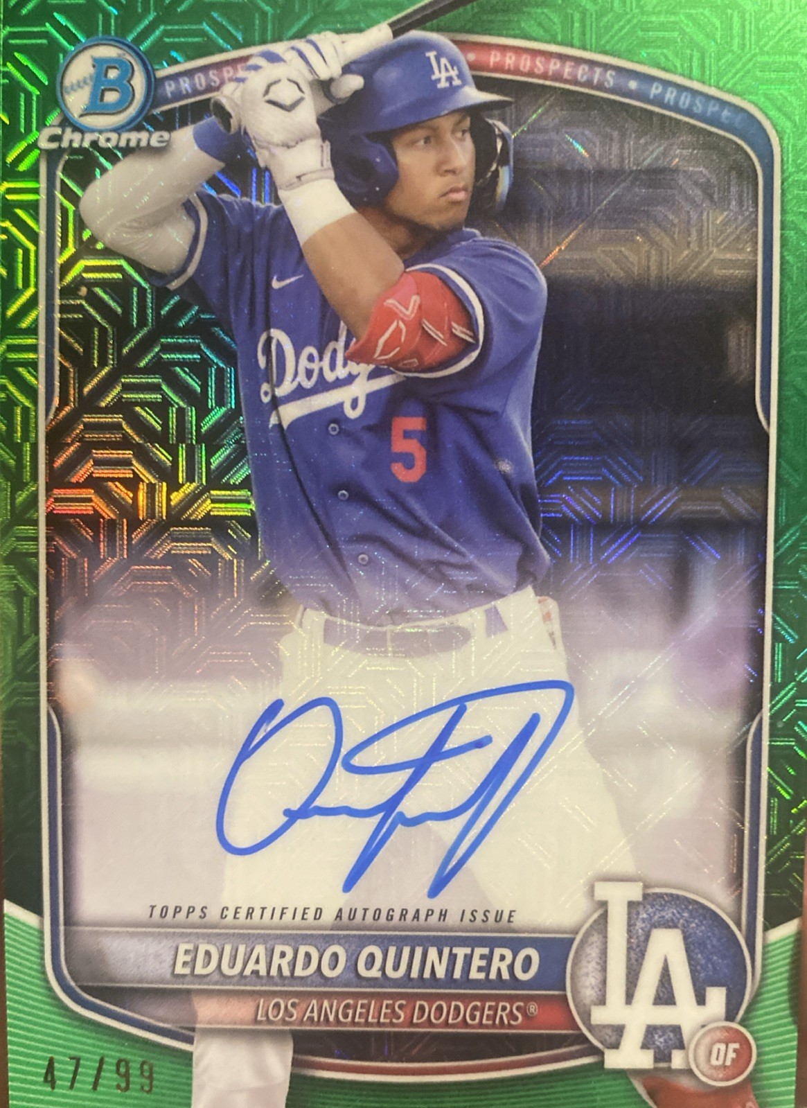 2025 Bowman Chrome Prospect Eduardo Quintero Green Mojo Auto /99