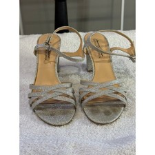 American Glamour Badgley Mischka Silver Glitter Block Heel Strappy Sandals 8
