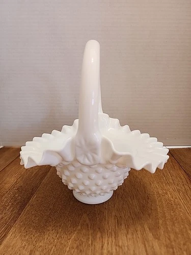 Vintage Art Glass Milk Glass Hobnail Ruffled Basket White 7" × 7" × 6"