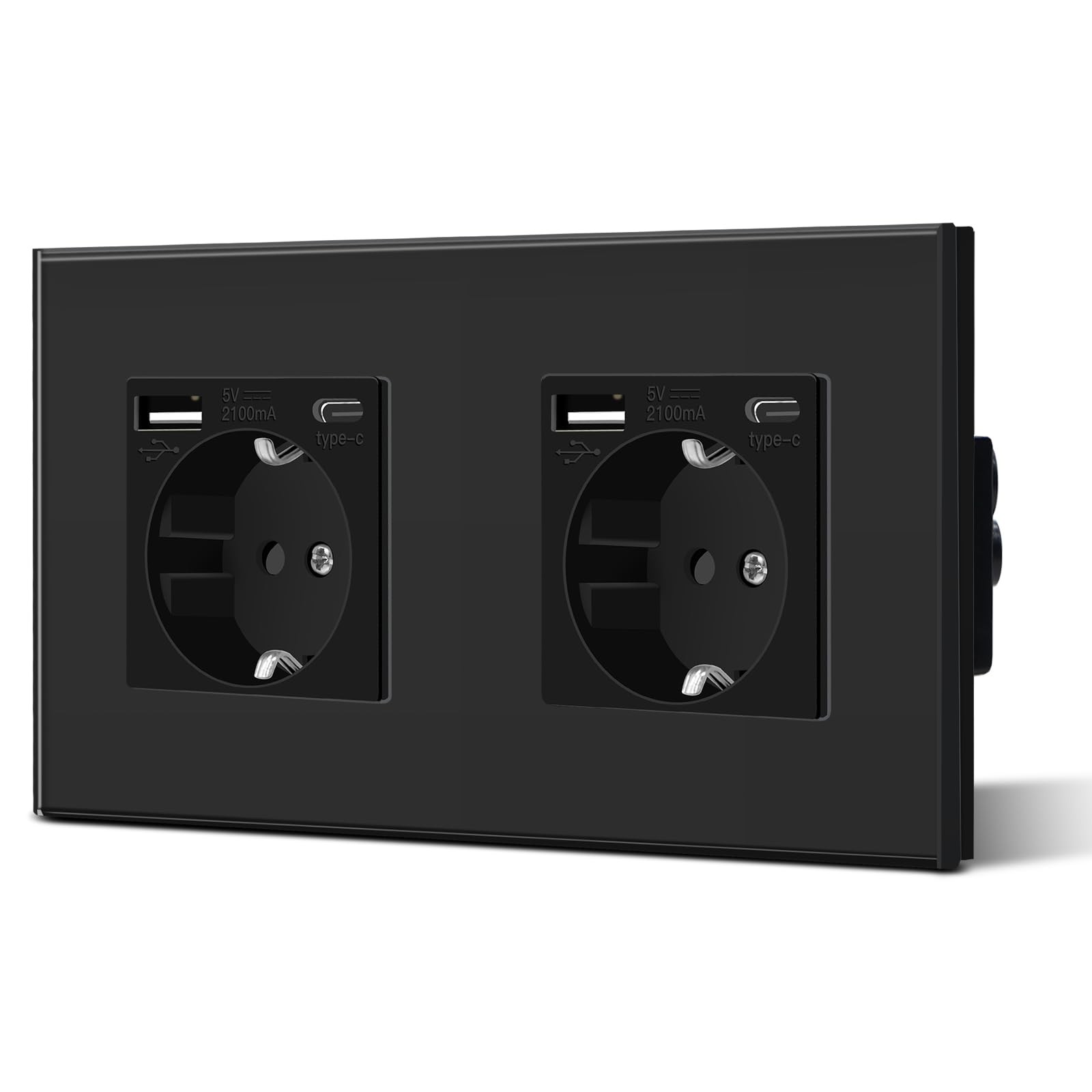 Double prise Schuko en verre blanc avec port USB-C encastrable à 2 voies
