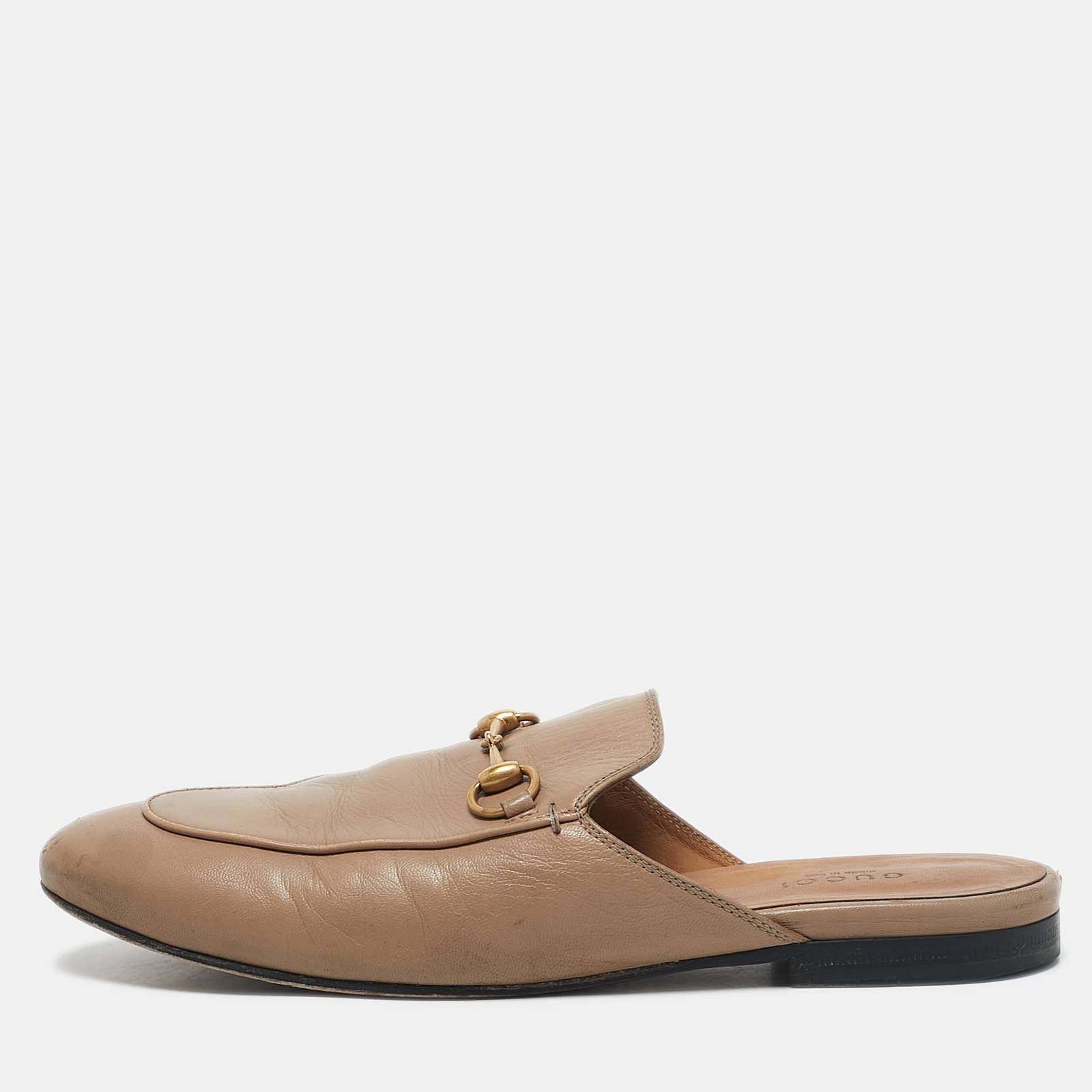 Gucci Beige Leather Horsebit Princetown Mules Size 38