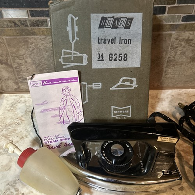 #ad #ad Vintage Sears Travel Iron 34 6258 Original Box Cord Bottle $18.99