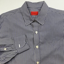 Isaia Napoli Mens Blue White Striped Dress Shirt Made in Italy Size 17.5 EU 44