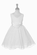 Girls' White Formal Flower Girl Dress with Sash, Satin Ribbon and Floral Detail