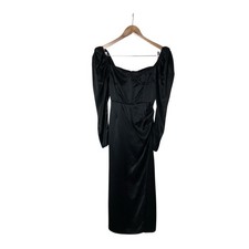 Reformation Rey Black Silk Satin Puff Shoulder Side Slit Midi Dress 0