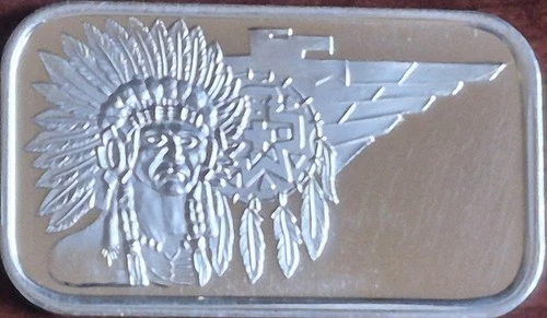 1991 Silver Towne Indian Chief 1 Oz .999 Fine Silver Art Bar